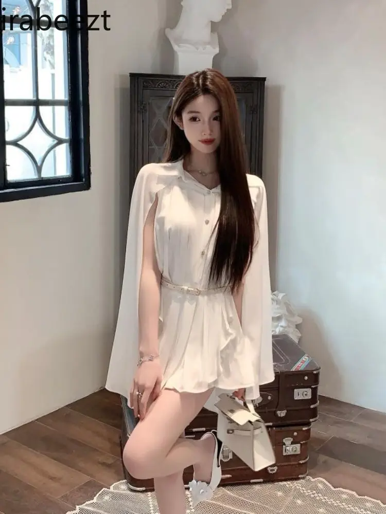 White Cape Shawl Sleeveless Chiffon Shirt Female 2025 Summer New Korean Style Design Slim Waist Top Casual Blusa Chifon