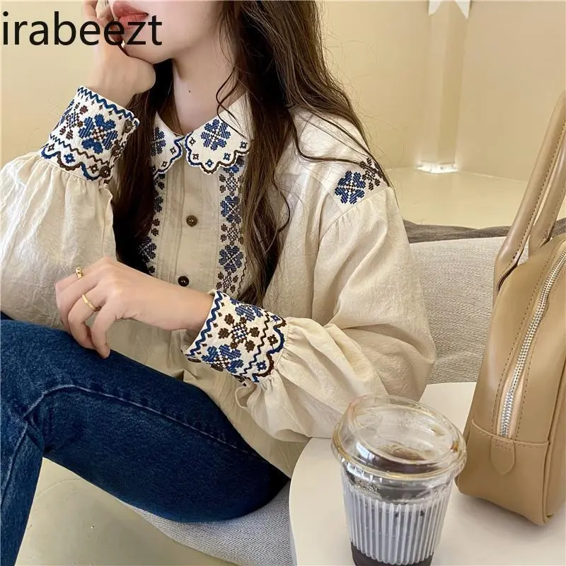 Niche Retro Spring and Autumn Heavy Embroidery Vintage Ethnic Style Lapel Long-sleeved Shirt Women's Puff Sleeve Doll Collar Top
