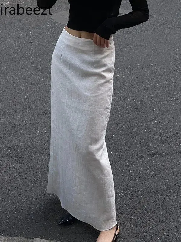 White Pure Cotton Skirt for Women in Summer Niche High Waist Slim Fit Temperament Linen Back Slit Hip Long Skirt
