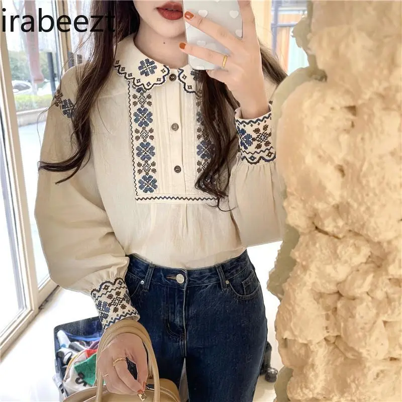 Niche Retro Spring and Autumn Heavy Embroidery Vintage Ethnic Style Lapel Long-sleeved Shirt Women's Puff Sleeve Doll Collar Top