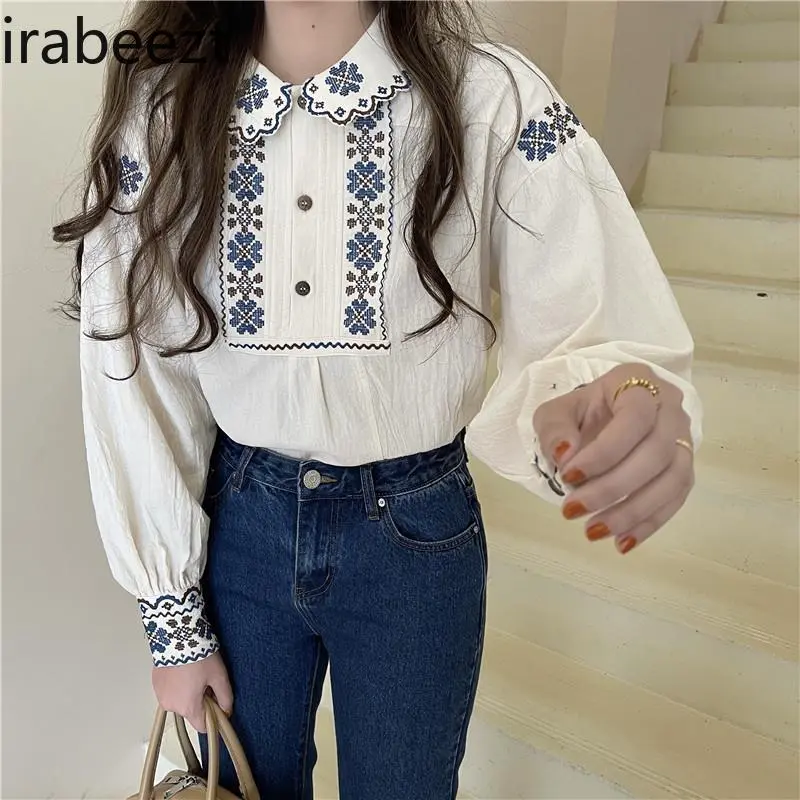 Niche Retro Spring and Autumn Heavy Embroidery Vintage Ethnic Style Lapel Long-sleeved Shirt Women's Puff Sleeve Doll Collar Top