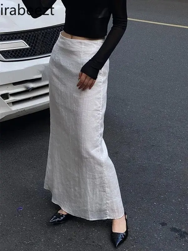 White Pure Cotton Skirt for Women in Summer Niche High Waist Slim Fit Temperament Linen Back Slit Hip Long Skirt