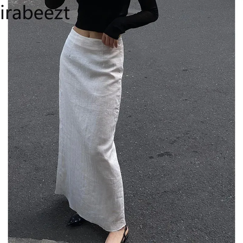 White Pure Cotton Skirt for Women in Summer Niche High Waist Slim Fit Temperament Linen Back Slit Hip Long Skirt