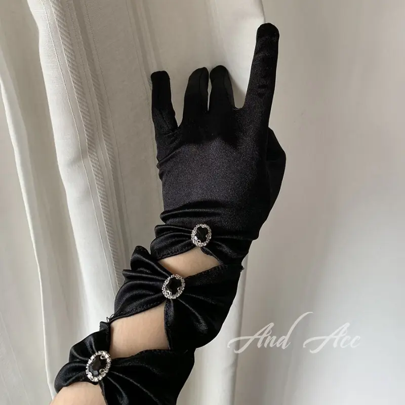 Black French Vintage Elegant Cutout Set with Diamond Gemstone Satin Three Bows Long Glove Women Winter Gloves
