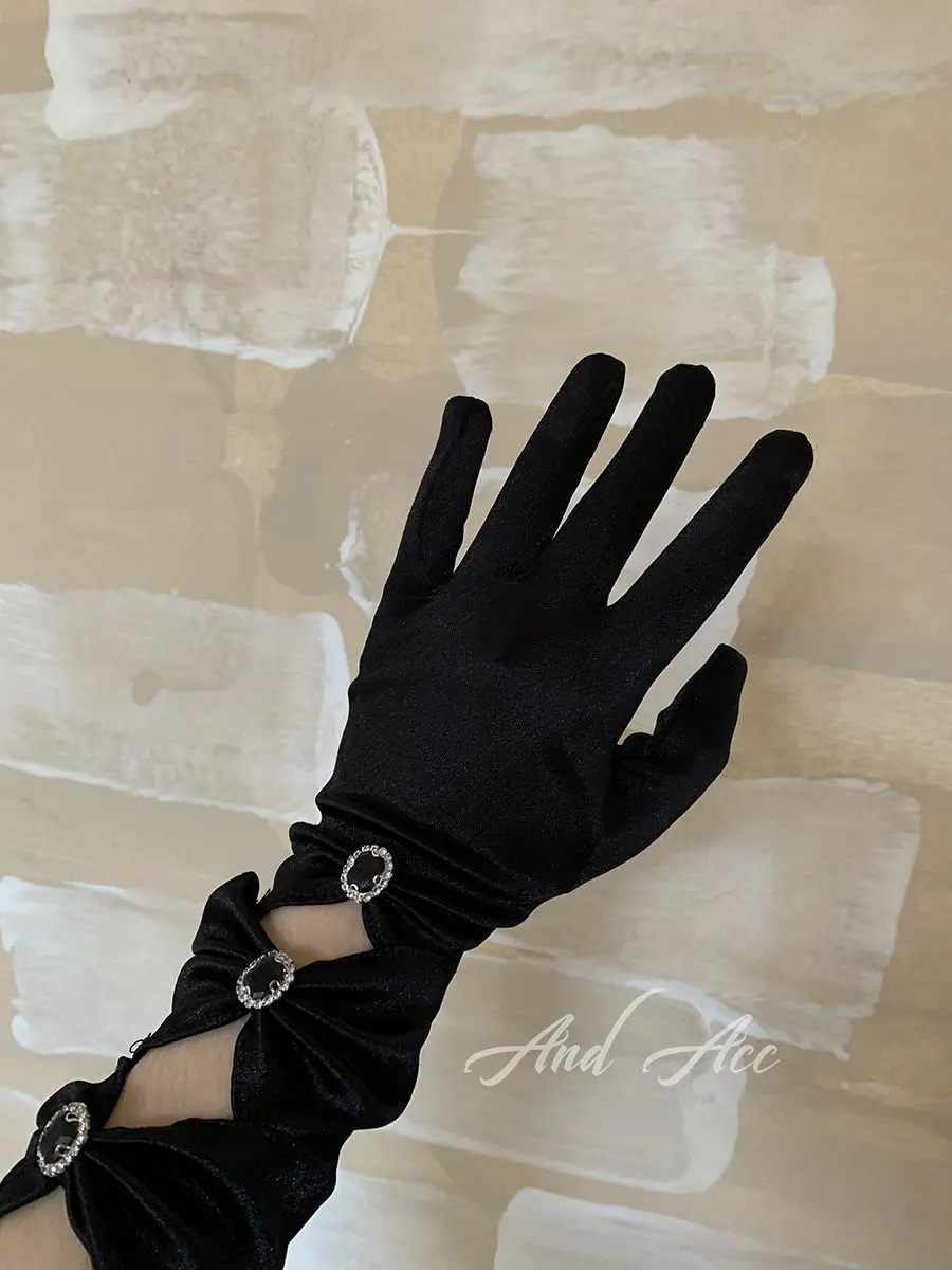 Black French Vintage Elegant Cutout Set with Diamond Gemstone Satin Three Bows Long Glove Women Winter Gloves