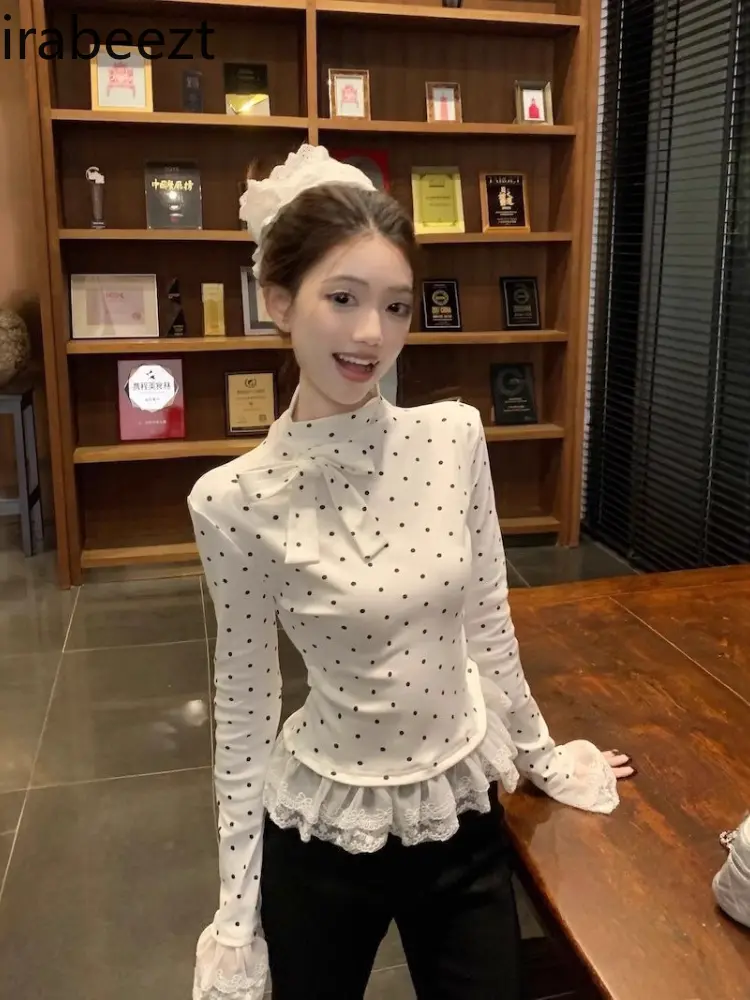 Bow Lace Edge Splicing Half Turtleneck Long-sleeved T-shirt for Women in Spring White with Slim Short Polka-dot Top