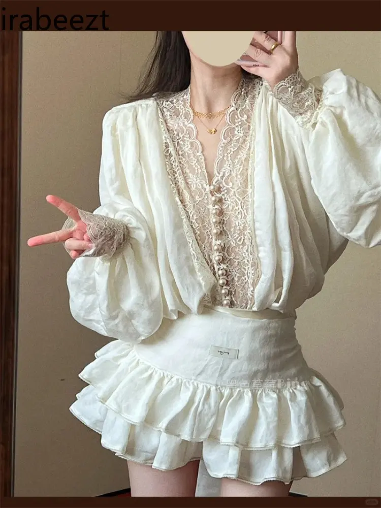 French Style Chic & Sexy Lace Appliqué Long Sleeve Blouse + High Waist Tie-Front Mini Skirt Two-Piece Spring Outfit