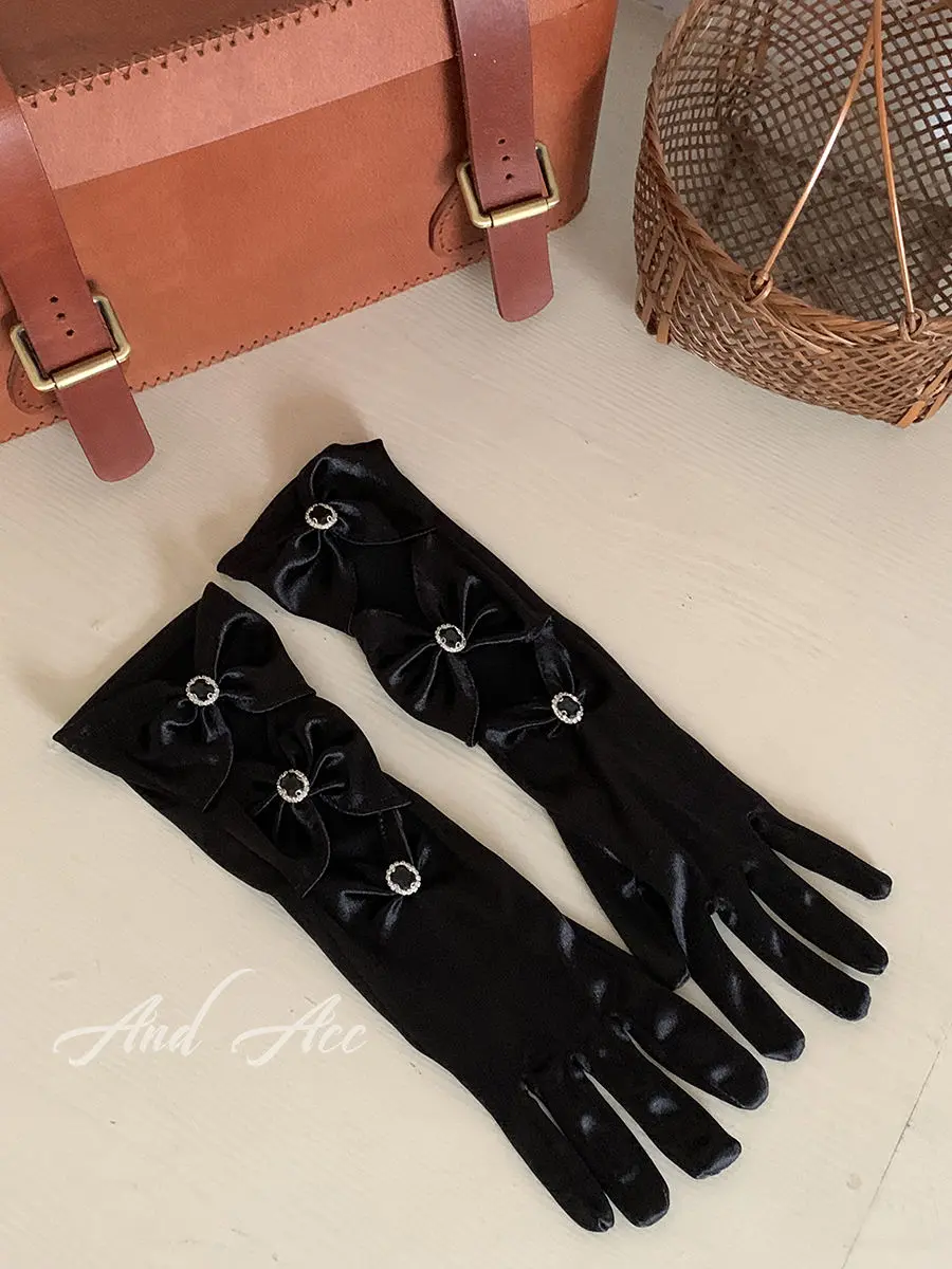 Black French Vintage Elegant Cutout Set with Diamond Gemstone Satin Three Bows Long Glove Women Winter Gloves