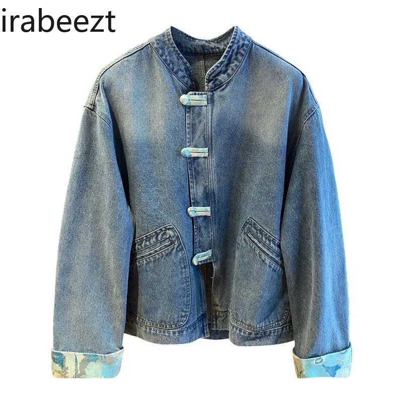 High-end and Super Good-looking New Chinese Style Buttoned Denim Jacket Spring and Autumn All-match Slimming Tops