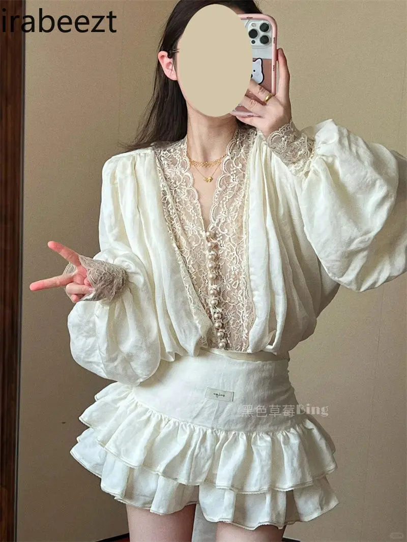 French Style Chic & Sexy Lace Appliqué Long Sleeve Blouse + High Waist Tie-Front Mini Skirt Two-Piece Spring Outfit