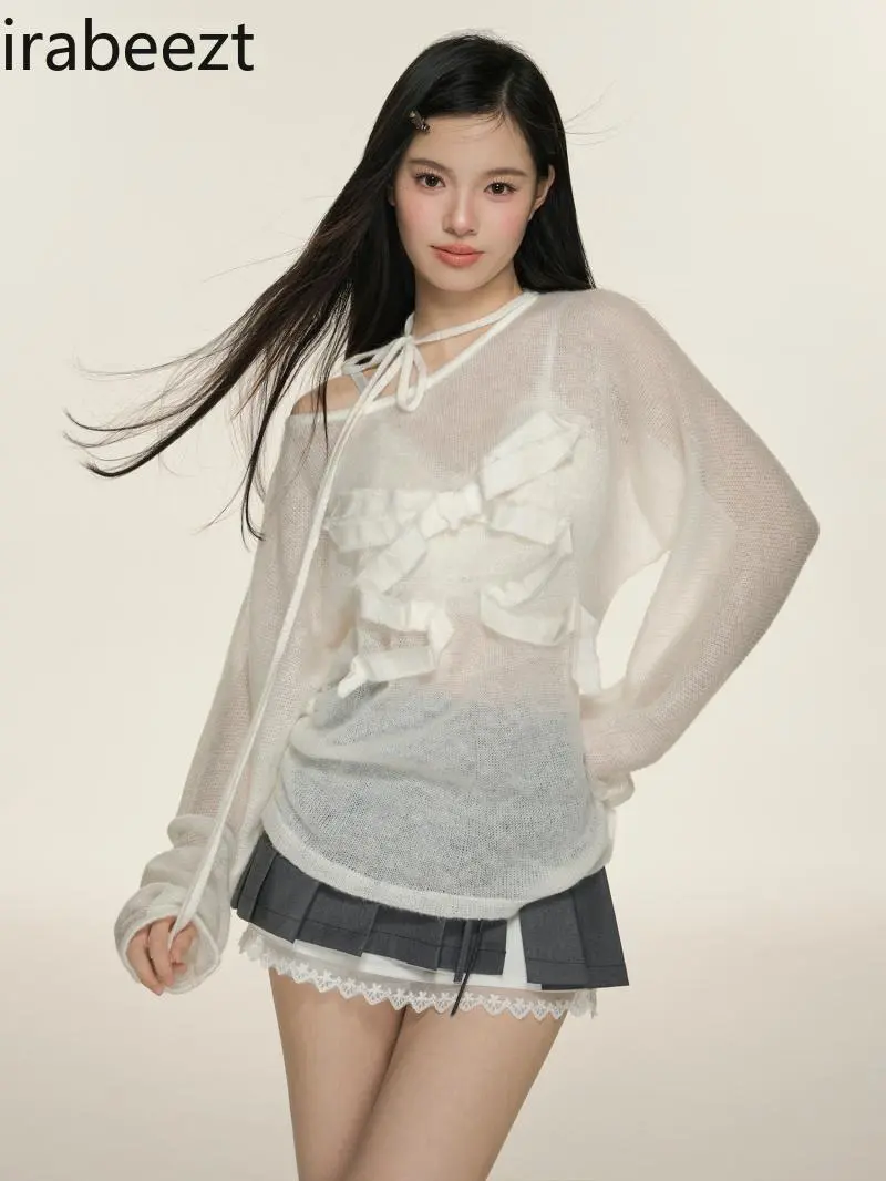 2024 Summer New Design White Bow Tie Sexy Micro Transparent Knitted Long Sleeve Blouse Women Mainland China Thirt Shirt Femme