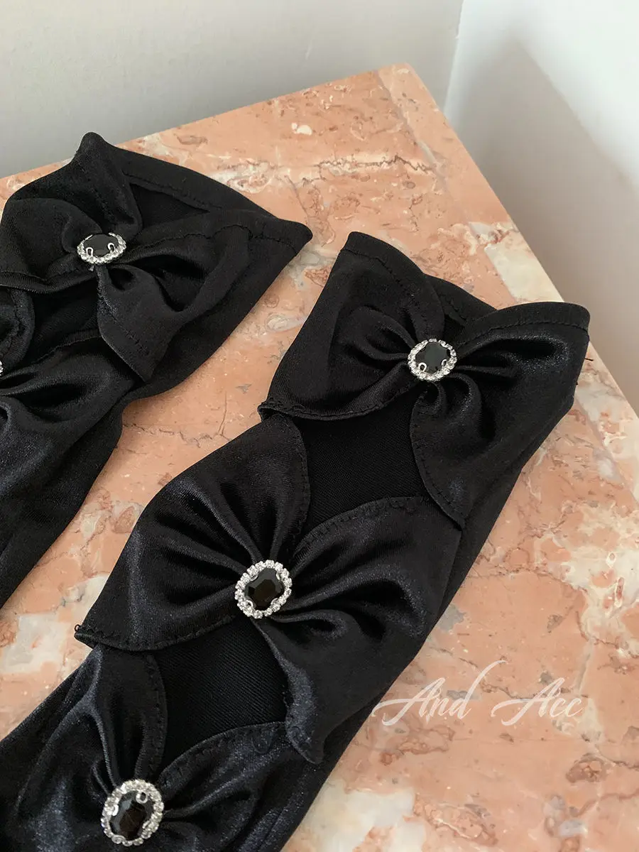 Black French Vintage Elegant Cutout Set with Diamond Gemstone Satin Three Bows Long Glove Women Winter Gloves