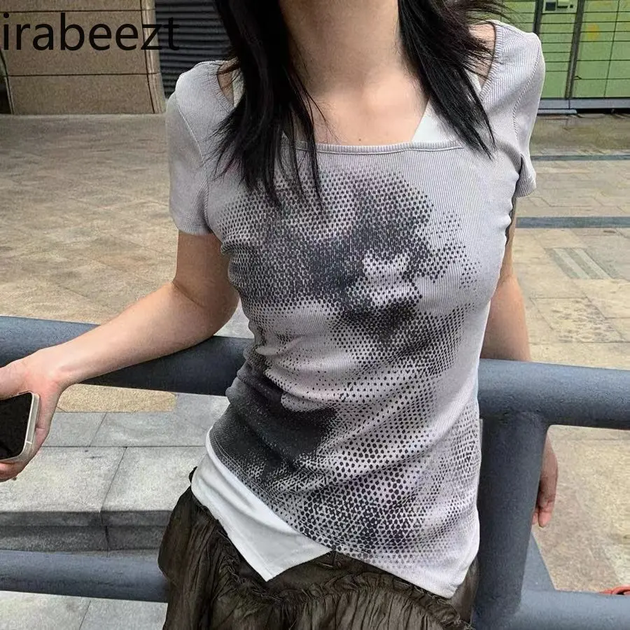 2024 Summer Subculture Splicing Fake Two Personality Portrait Print Shirt Design Sense American Short-sleeved T-shirt
