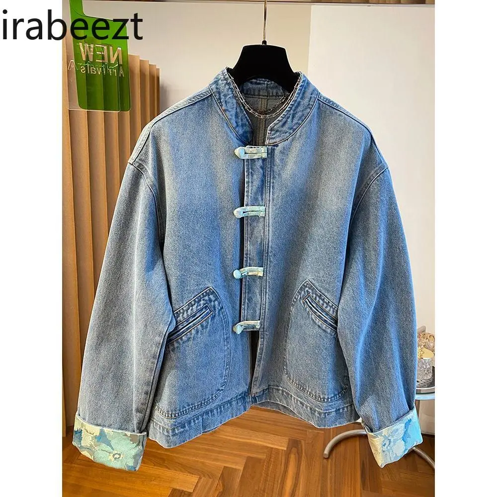 High-end and Super Good-looking New Chinese Style Buttoned Denim Jacket Spring and Autumn All-match Slimming Tops
