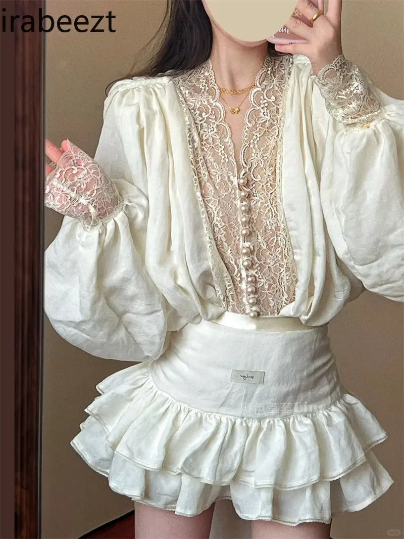 French Style Chic & Sexy Lace Appliqué Long Sleeve Blouse + High Waist Tie-Front Mini Skirt Two-Piece Spring Outfit
