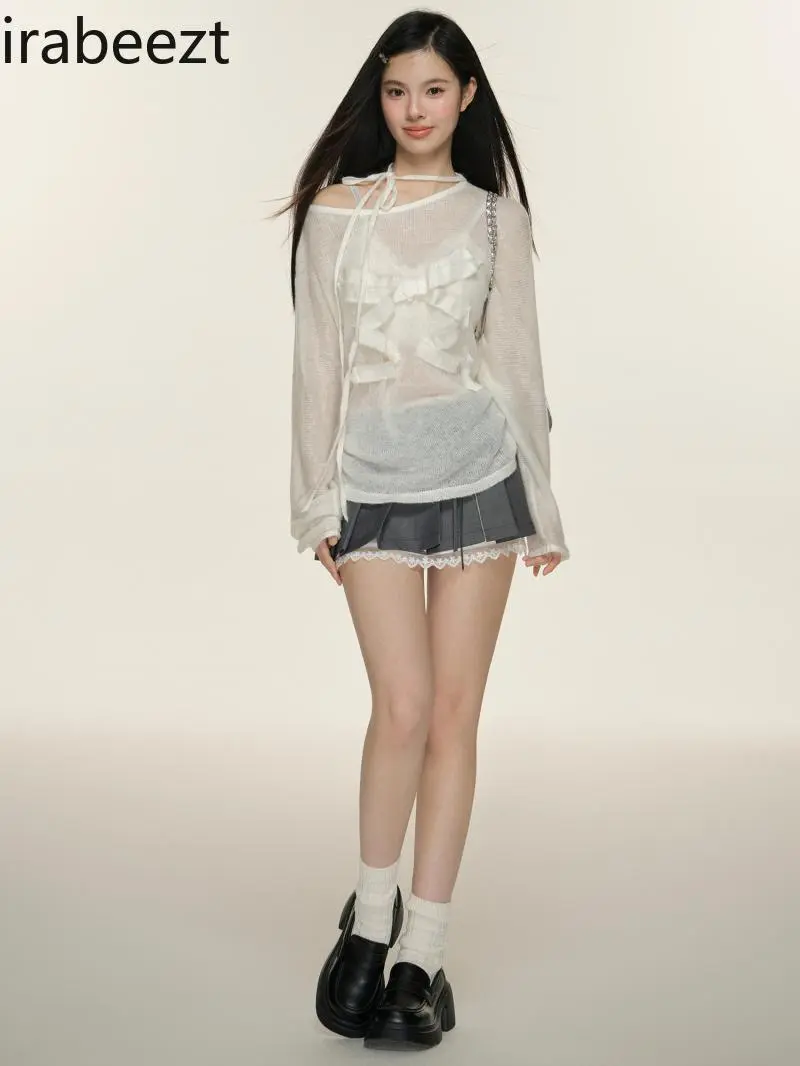 2024 Summer New Design White Bow Tie Sexy Micro Transparent Knitted Long Sleeve Blouse Women Mainland China Thirt Shirt Femme