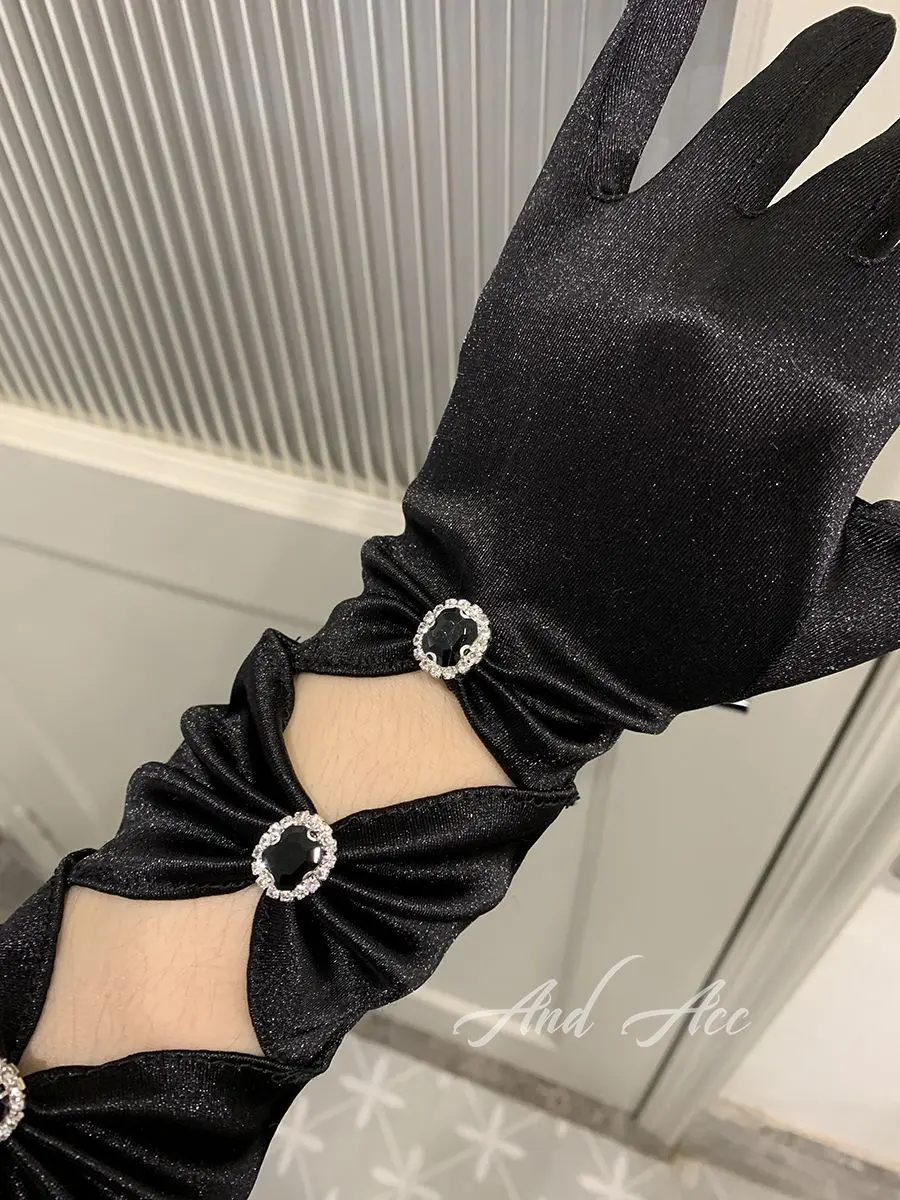 Black French Vintage Elegant Cutout Set with Diamond Gemstone Satin Three Bows Long Glove Women Winter Gloves