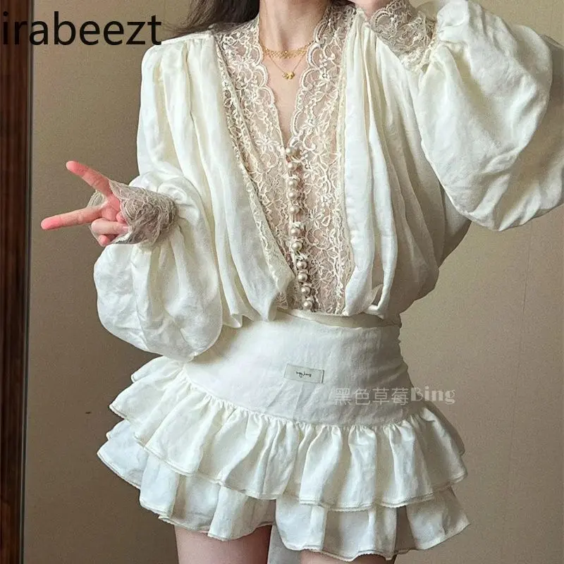 French Style Chic & Sexy Lace Appliqué Long Sleeve Blouse + High Waist Tie-Front Mini Skirt Two-Piece Spring Outfit