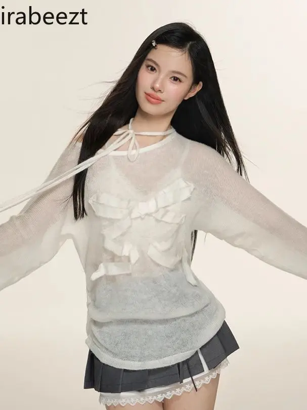 2024 Summer New Design White Bow Tie Sexy Micro Transparent Knitted Long Sleeve Blouse Women Mainland China Thirt Shirt Femme