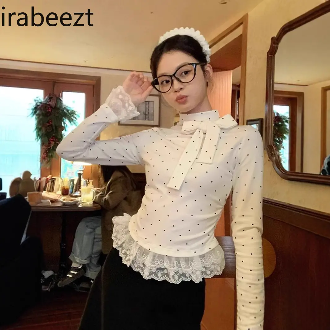 Bow Lace Edge Splicing Half Turtleneck Long-sleeved T-shirt for Women in Spring White with Slim Short Polka-dot Top