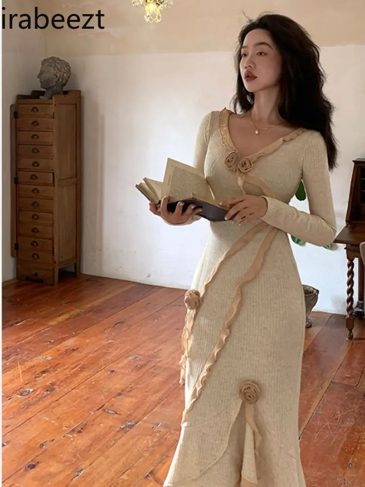 Rose Fishtail Ruffle Knit Long Sleeved Robe Slim Fit  Vestido Largo Elegante Para Fiesta Knitted Long Dresses for Women