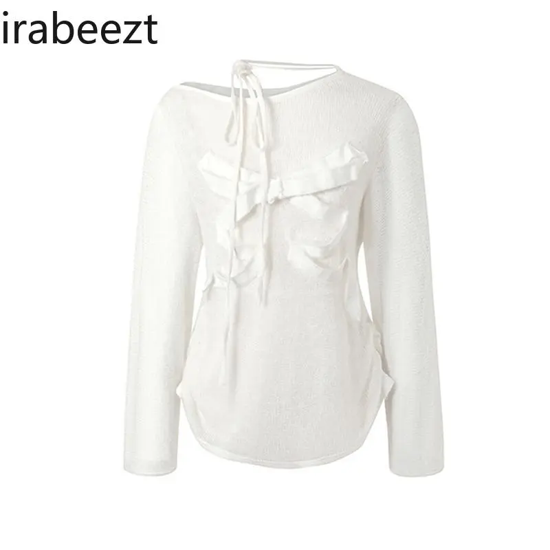 2024 Summer New Design White Bow Tie Sexy Micro Transparent Knitted Long Sleeve Blouse Women Mainland China Thirt Shirt Femme