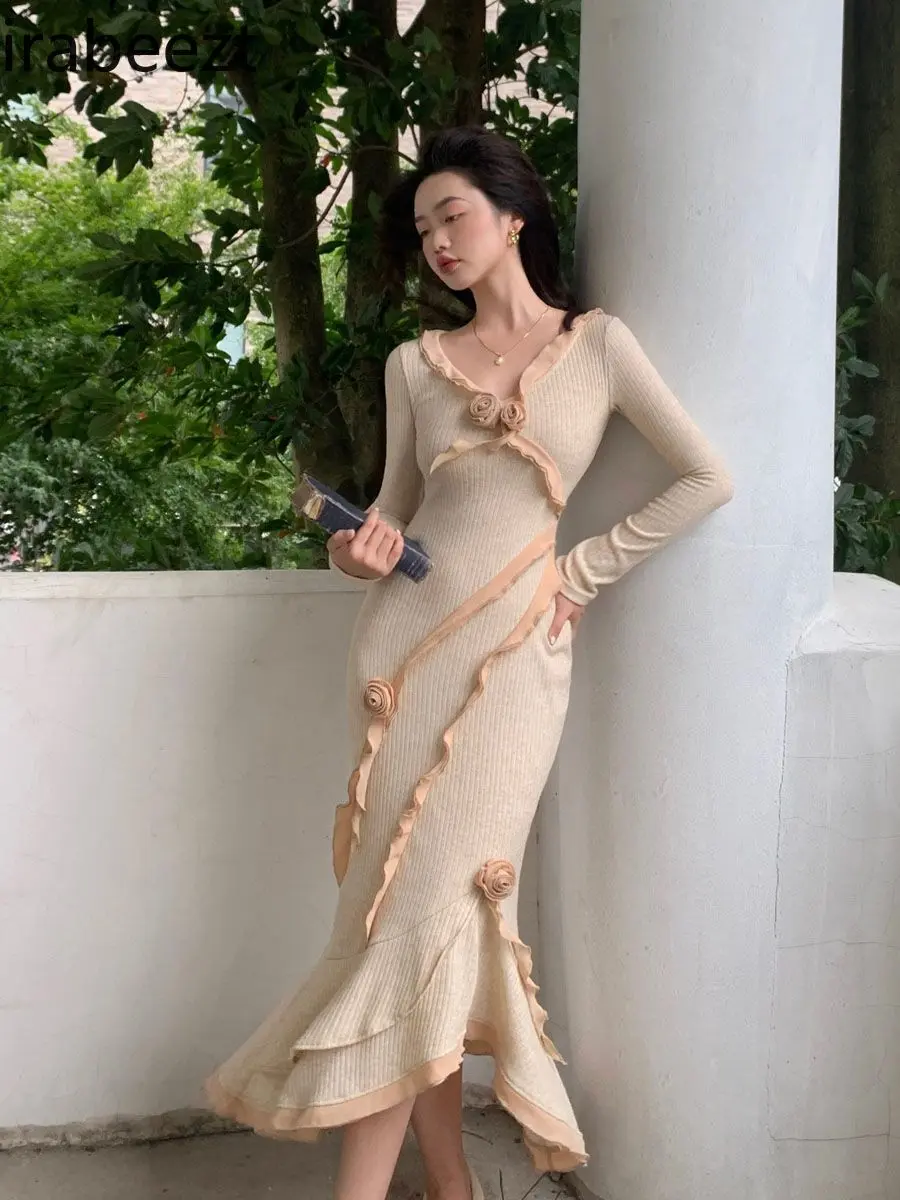 Rose Fishtail Ruffle Knit Long Sleeved Robe Slim Fit  Vestido Largo Elegante Para Fiesta Knitted Long Dresses for Women