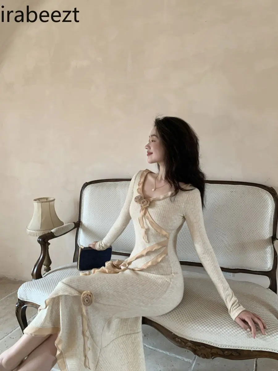 Rose Fishtail Ruffle Knit Long Sleeved Robe Slim Fit  Vestido Largo Elegante Para Fiesta Knitted Long Dresses for Women