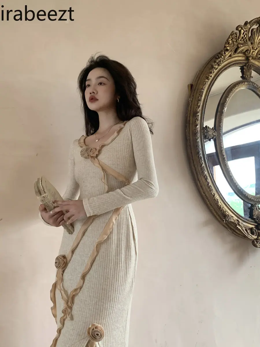 Rose Fishtail Ruffle Knit Long Sleeved Robe Slim Fit  Vestido Largo Elegante Para Fiesta Knitted Long Dresses for Women