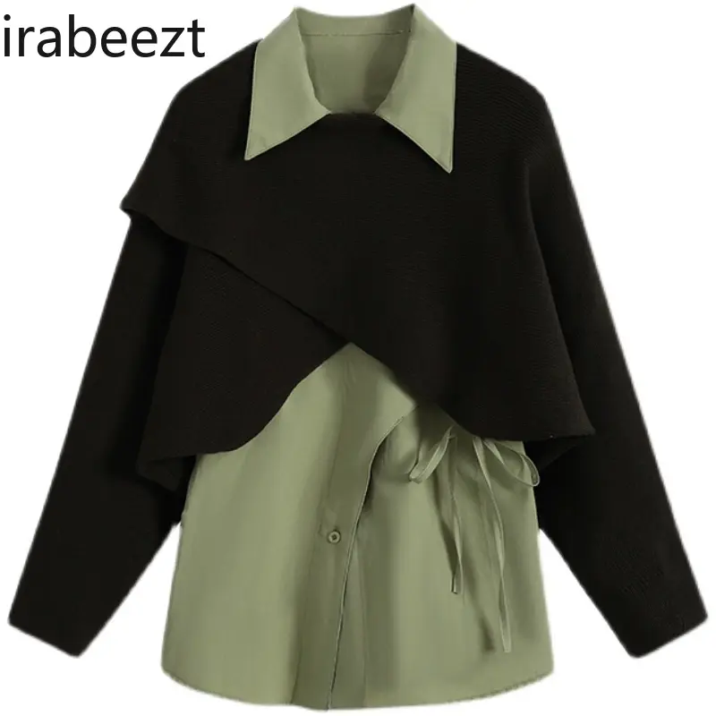 French Vintage POLO Collar Long-sleeved Shirt Set for Women Spring Design Sense of Irregular Knit Smock Two-piece Set for Women