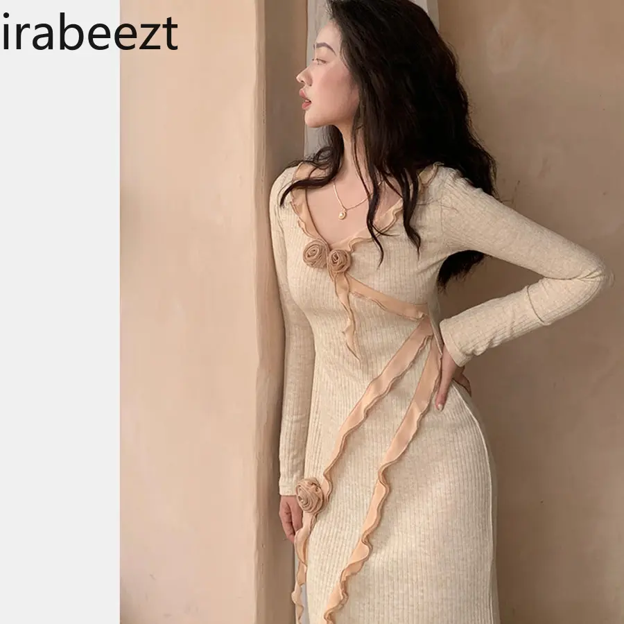 Rose Fishtail Ruffle Knit Long Sleeved Robe Slim Fit  Vestido Largo Elegante Para Fiesta Knitted Long Dresses for Women