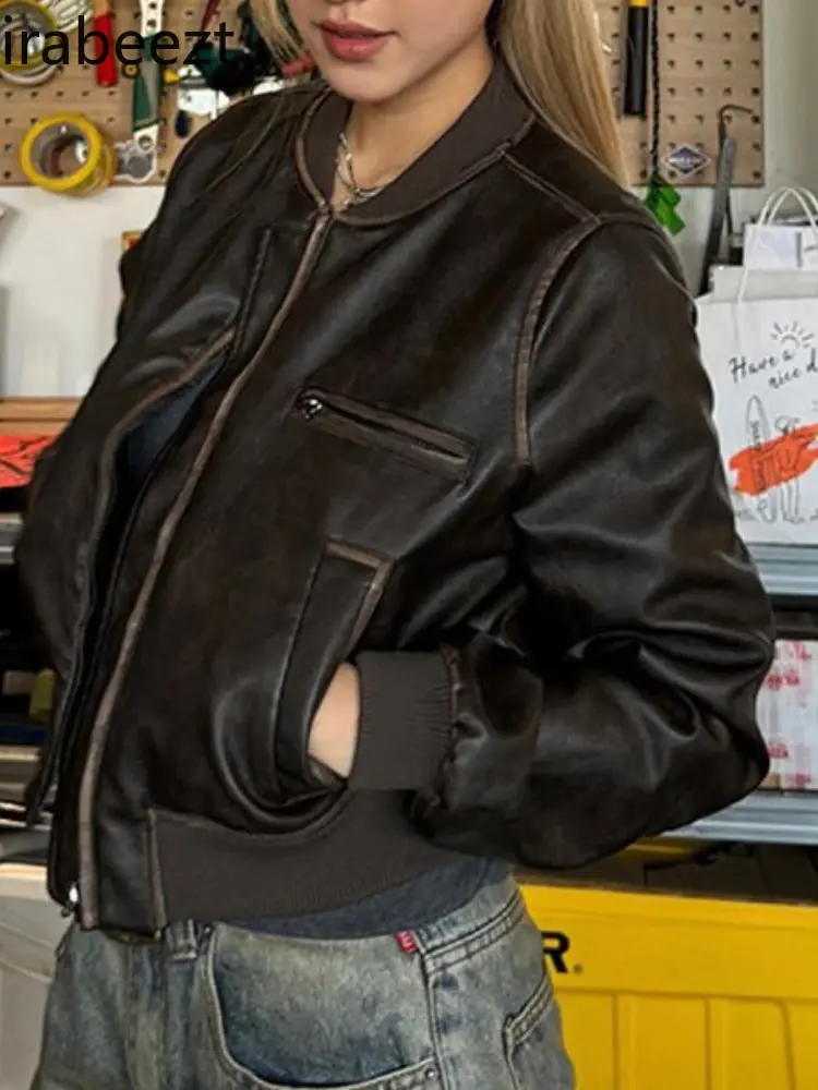 Vintage Faux Leather Jacket Women Coat Long Sleeves Tops American Style Short Motorcycle Outwear Casacos De Inverno Feminino
