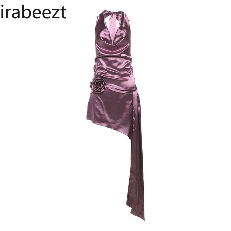Large Size Fat Girl French Temperament Backless Halter Neck Sleeveless Robe Sexy Three-dimensional Flower Slim Short Dress