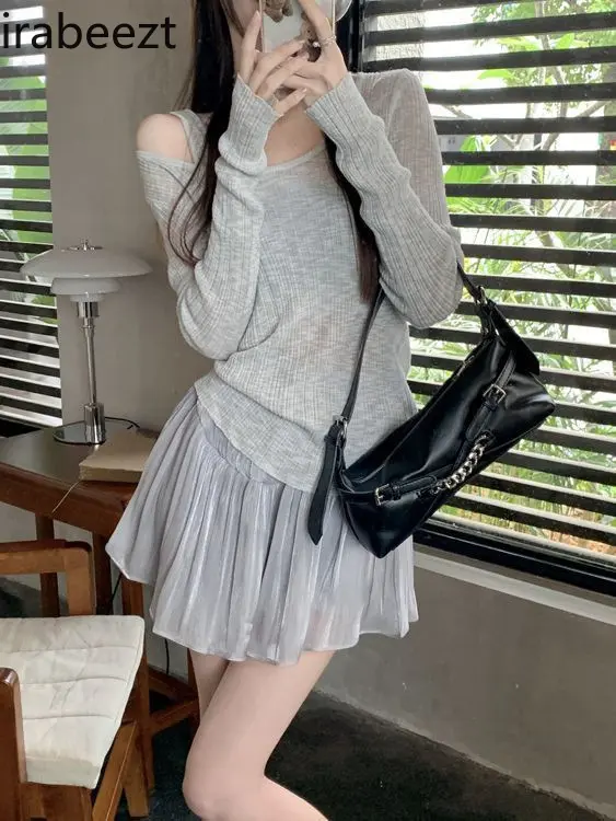 Fake Two-piece Gray Long-sleeved Sweater Women's Autumn Silk Temperament Hollow Thin Blouse Chic Top Loose Fit Tshirt