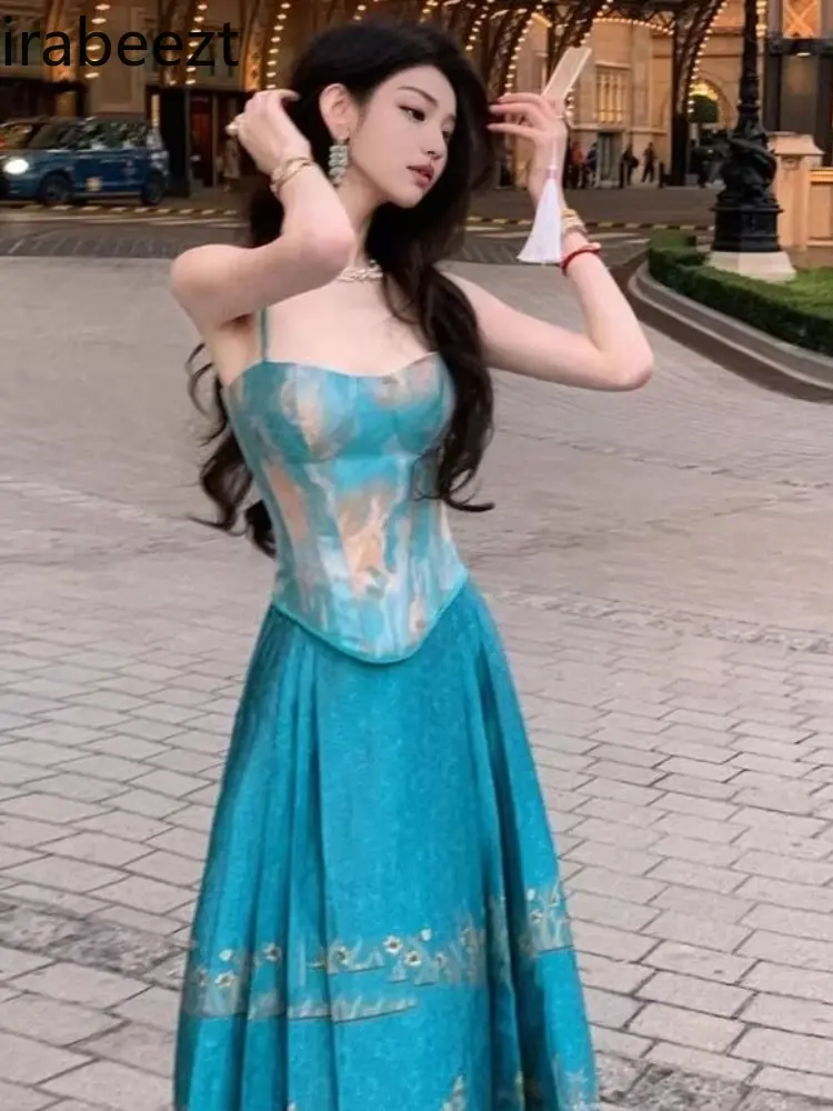 National Style New Chinese Blue Fishbone Vest Halter Printed Horse Skirt Hanfu Two-piece Set Costume Deux Pieces Femme
