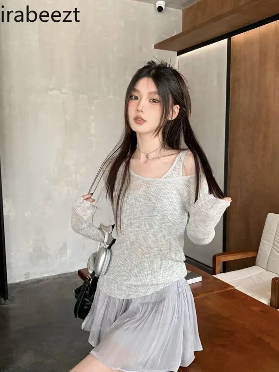 Fake Two-piece Gray Long-sleeved Sweater Women's Autumn Silk Temperament Hollow Thin Blouse Chic Top Loose Fit Tshirt