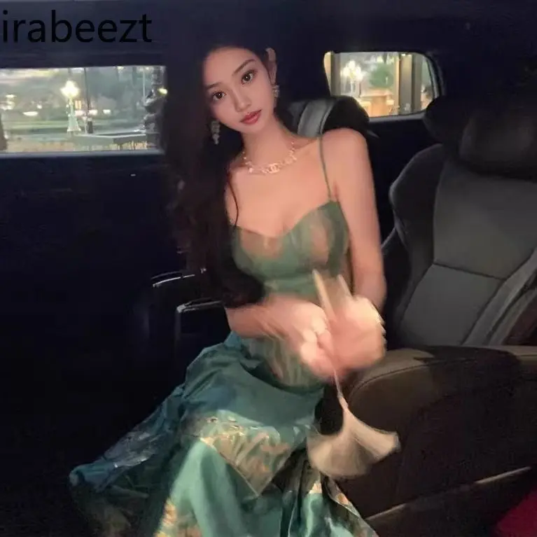 National Style New Chinese Blue Fishbone Vest Halter Printed Horse Skirt Hanfu Two-piece Set Costume Deux Pieces Femme