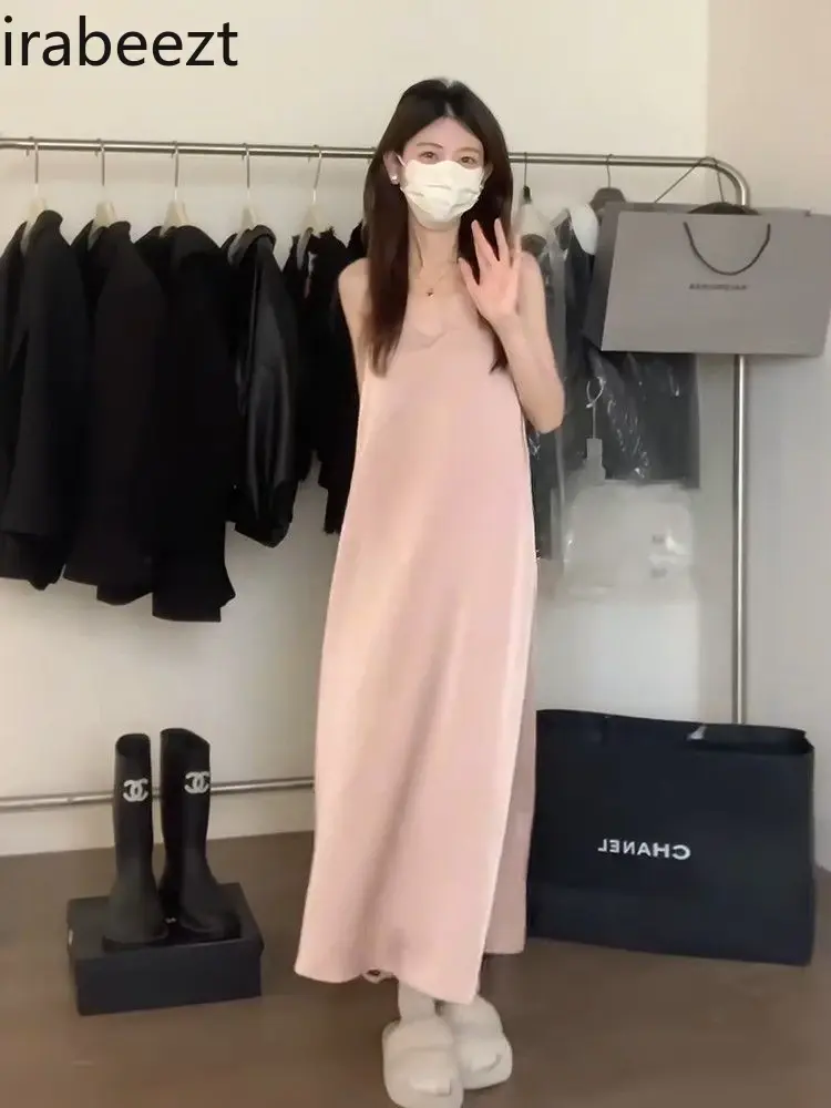 Autumn Wear Temperament Satin Halter Dress + Pearl Buckle Gentle Sweater Cardigan Two-piece Set Women Conjuntos De Falda