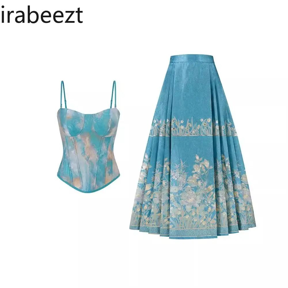 National Style New Chinese Blue Fishbone Vest Halter Printed Horse Skirt Hanfu Two-piece Set Costume Deux Pieces Femme