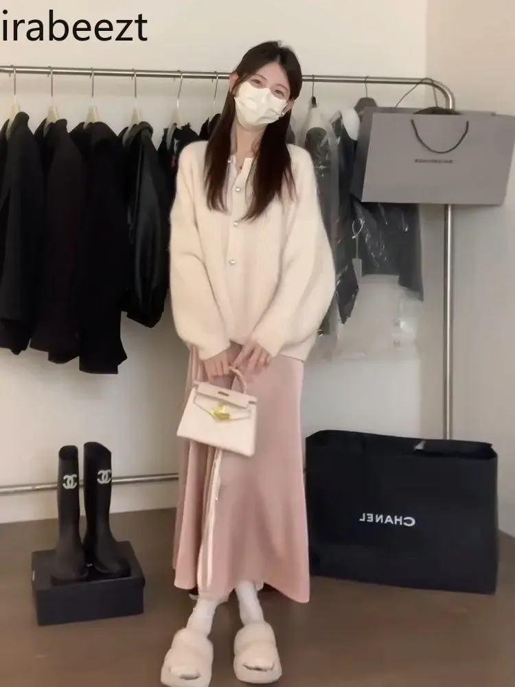 Autumn Wear Temperament Satin Halter Dress + Pearl Buckle Gentle Sweater Cardigan Two-piece Set Women Conjuntos De Falda