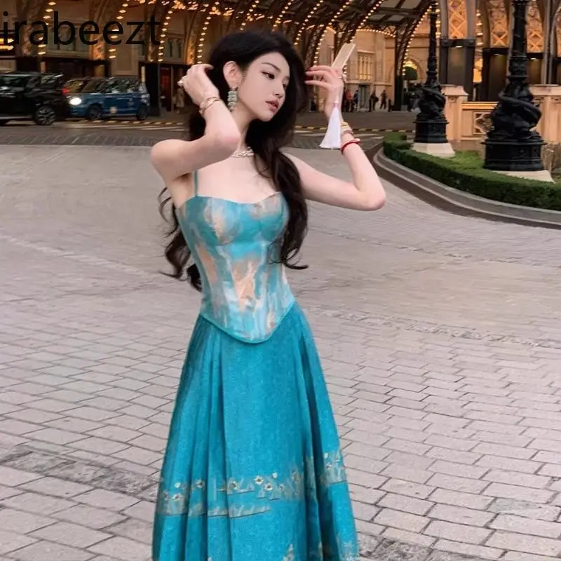 National Style New Chinese Blue Fishbone Vest Halter Printed Horse Skirt Hanfu Two-piece Set Costume Deux Pieces Femme