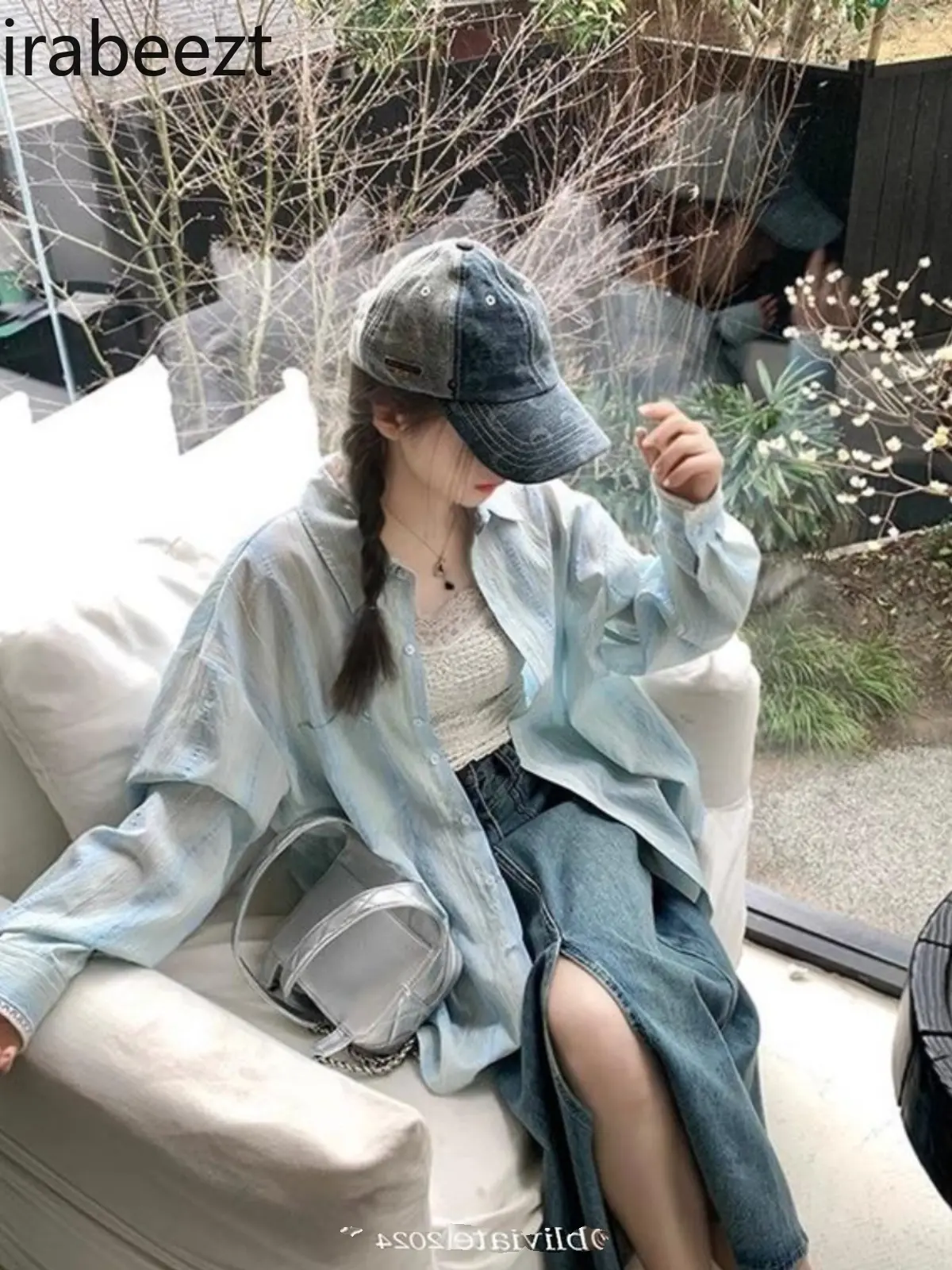 Blue Lace Stitching Shirt Women's Spring and Autumn Summer New Thin Sun Protection Jacket Lazy Style Long-sleeved Top