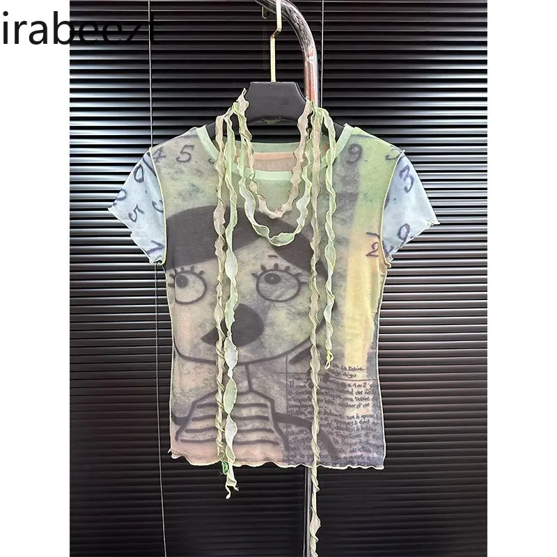 This Summer's New T-shirt Niche Sweet and Cool Girl Print Double-layer Mesh Fabric Slimming Short-sleeved Top for Women