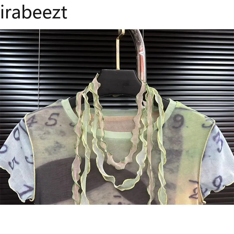 This Summer's New T-shirt Niche Sweet and Cool Girl Print Double-layer Mesh Fabric Slimming Short-sleeved Top for Women