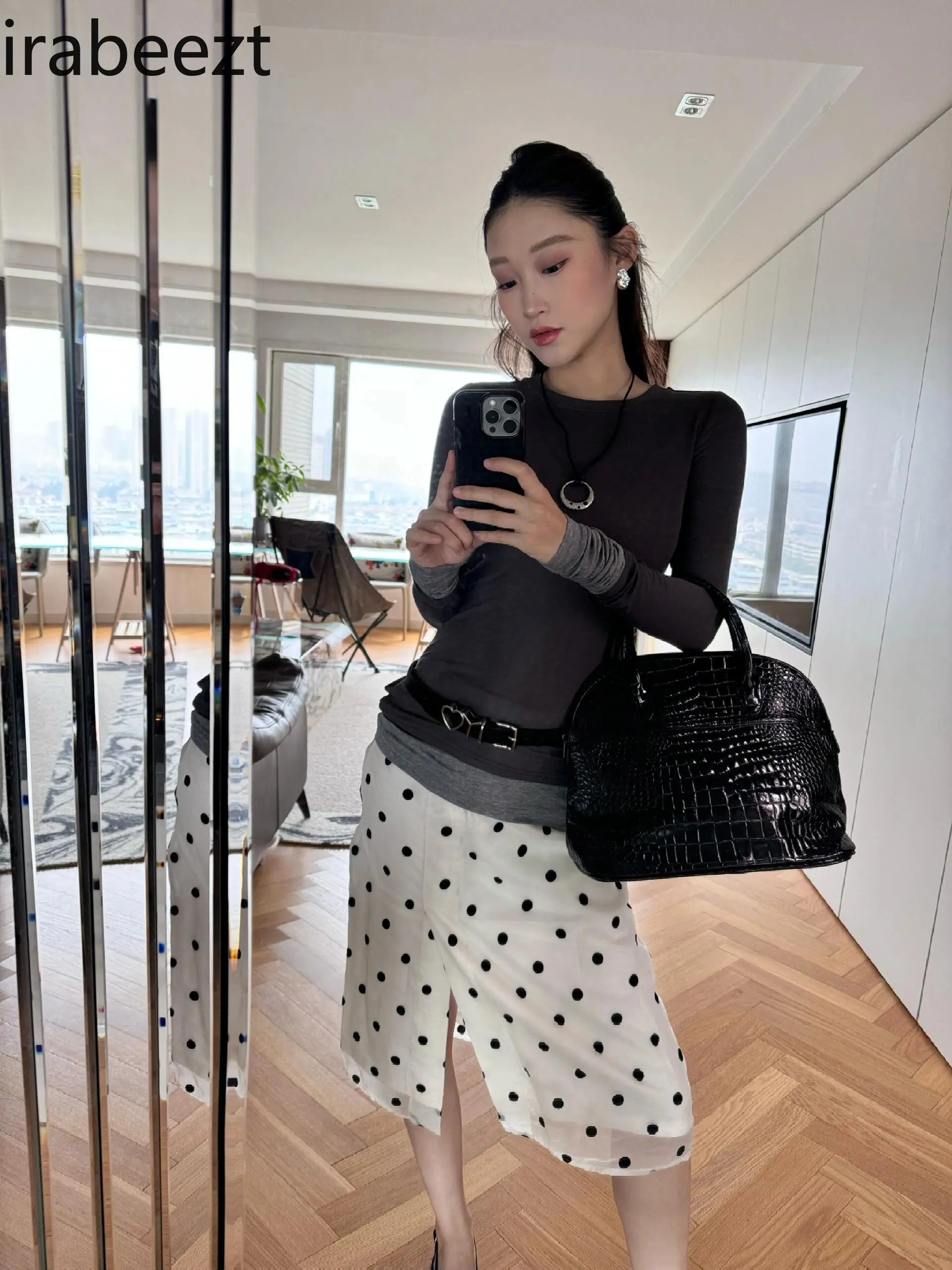 American Hot Girl Polka Dot Skirt Female 2024 Summer New Casual Versatile Skin-friendly Lace Slit Midi Skirt