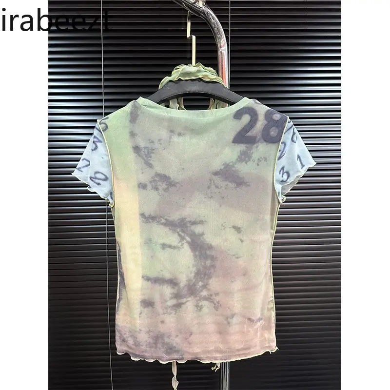 This Summer's New T-shirt Niche Sweet and Cool Girl Print Double-layer Mesh Fabric Slimming Short-sleeved Top for Women