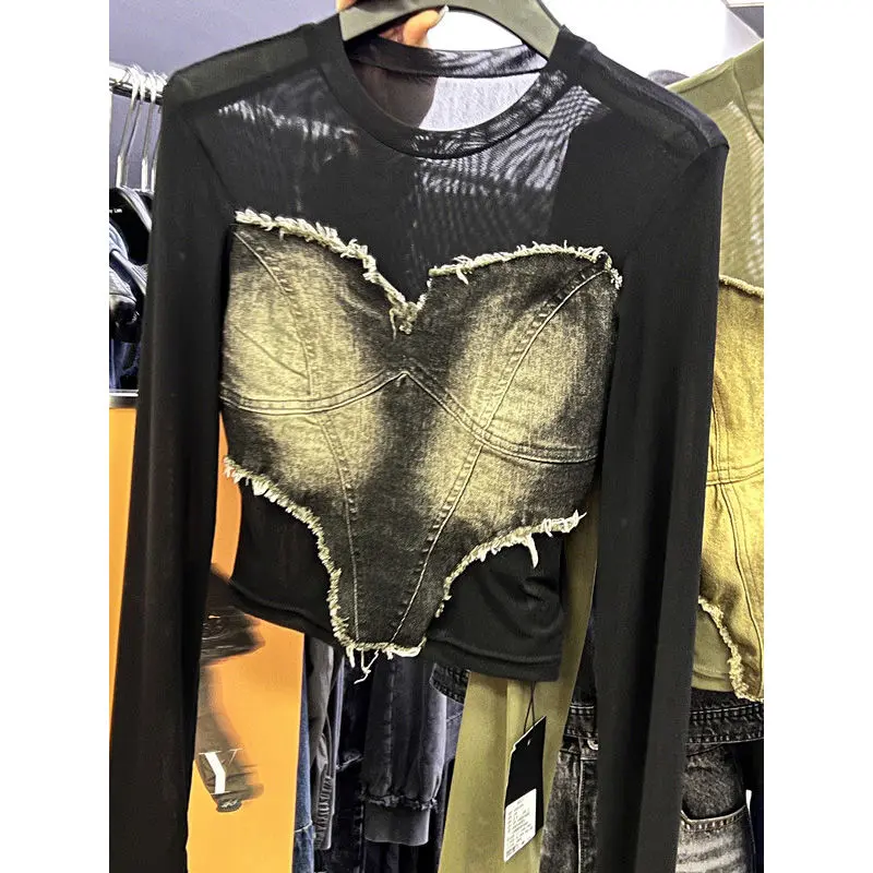 Crewneck Mesh Stitching Denim Long Sleeve T-shirt Top Woman Slim Fit Graphic T Shirts  Blusas Mujer De Moda 2023 Women T Shirts