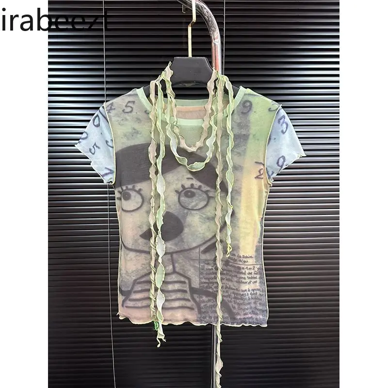 This Summer's New T-shirt Niche Sweet and Cool Girl Print Double-layer Mesh Fabric Slimming Short-sleeved Top for Women
