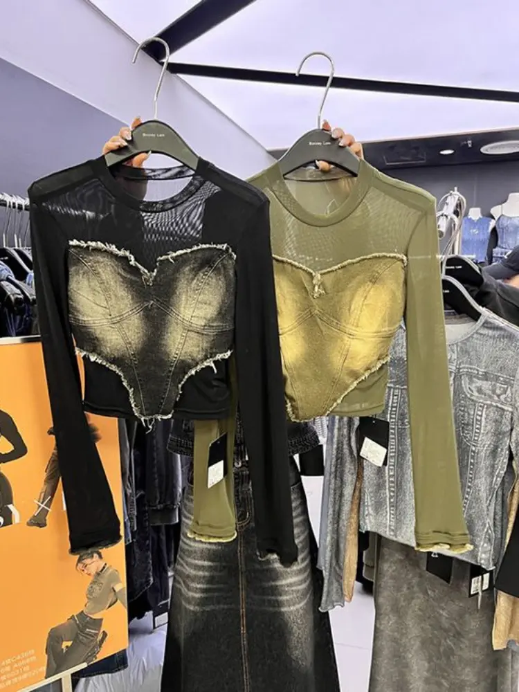 Crewneck Mesh Stitching Denim Long Sleeve T-shirt Top Woman Slim Fit Graphic T Shirts  Blusas Mujer De Moda 2023 Women T Shirts