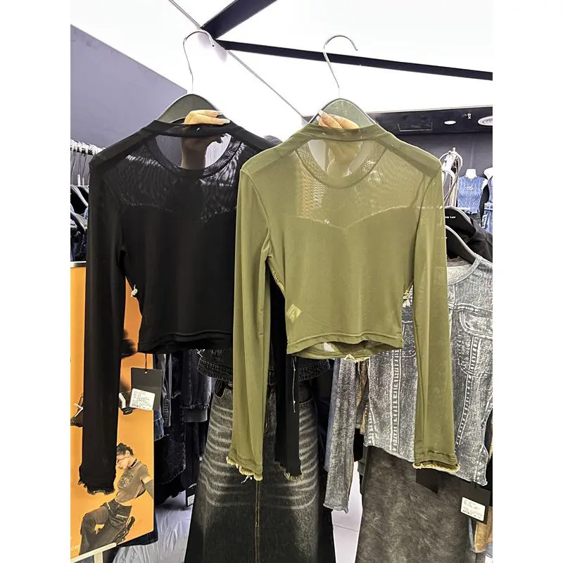 Crewneck Mesh Stitching Denim Long Sleeve T-shirt Top Woman Slim Fit Graphic T Shirts  Blusas Mujer De Moda 2023 Women T Shirts